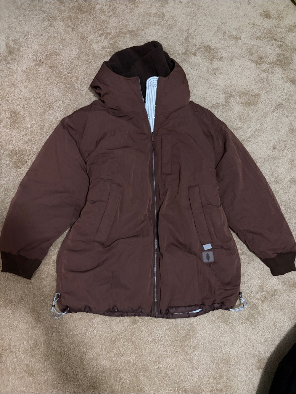 Free People Chocolate Brown and light blue Hooded Puffer Coat Reversible